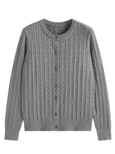 Manteau tricoté Vintage pour femmes torsadé fleur col rond Cardigan à manches longues câble plat pull en tricot automne hiver - Product Image 5