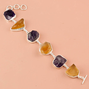 925 Sterling <b>Silver</b> Handmade <b>Bracelet</b> with Natural Raw Citrine and Amethyst Gemstones Gift <b>for</b> Bangle Jewelry Enthusiasts - Product Image 1