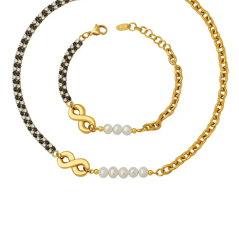 Newest Design Fashion Jewelry Set Stainless Steel Gold Zircon Freshwater Pearl splice Chain Women Luxury Necklace Bracelet