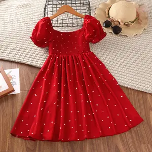 Puff Sleeve Child Princess Dress Red Snow Dot Pattern Kids Dresses For Girls Of 9 Years Old Teenage Girls Clothing Sweat Skirt
