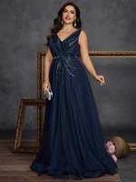 Robes de soirée de luxe grande taille pour femmes, sans manches, col en V, broderie de paillettes, robe de soirée formelle bleu marine pour femmes