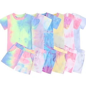 wholesale cotton summer two pieces tie dyed fashion pajamas sets short sleeve tie dye kids clothes