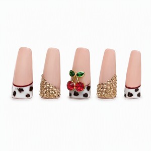 Uñas Postizas Cuadradas Estilo Francés, Uñas de ABS con Diseño de Cerezas y Diamantes de Imitación, Cobertura Completa para Dedos - Product Image 5