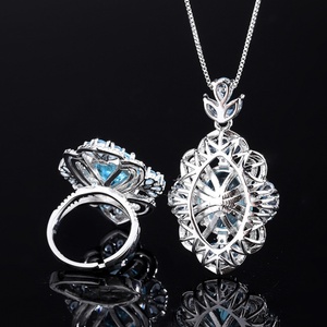 Wholesale Fashion Creative Court Style Eco-friendly Copper 12*16MM Blue Zircon <b>Ring</b> and Necklace Jewelry <b>Set</b> for <b>Women</b> - Product Image 6