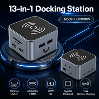 Station d'accueil USB-C 13-en-1 avec chargeur sans fil 15W, 4 ports USB (10 Gbps/5 Gbps), HDMI 4K*60Hz, GbE, SD/TF, audio, PD 90W+100W, boîtier en aluminium
