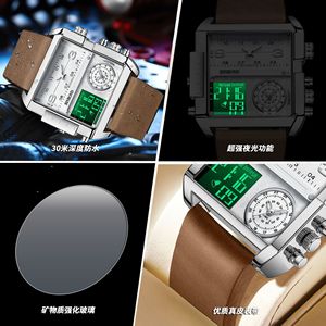 Binbond Men's Square Analog Digital Watch 11mm Three Display Multiple Time Zone Quartz Watch Brown Leather Strap - Product Image 4