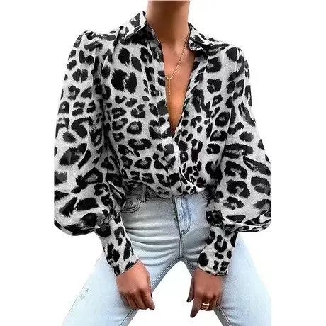 Camisa de gasa con estampado de leopardo para mujer, blusa de manga larga abombada con botones Vintage, blusas elegantes para mujer 2022