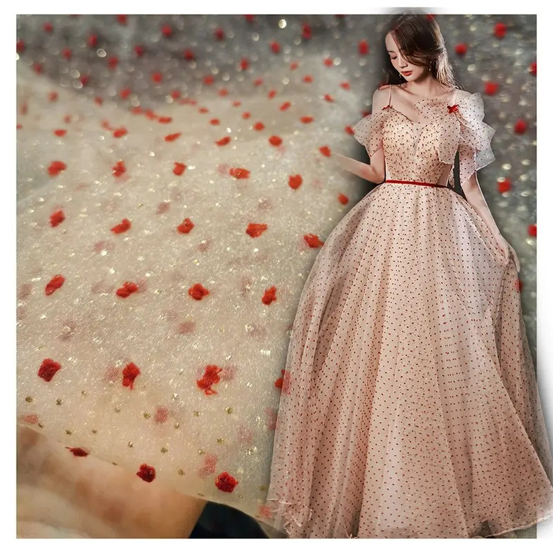 Tela de Organza con estampado de puntos para vestido de graduación, vino tinto con diseño suizo y tejido de punto de burbuja Seersucker, color dorado brillante