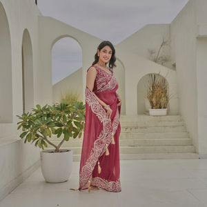 Wine <b>Red</b> Organza <b>Saree</b> Heavy Cutwork Embroidered Border Indian Ethnic Party Wear Sarees Bulk Supply - Product Image 5