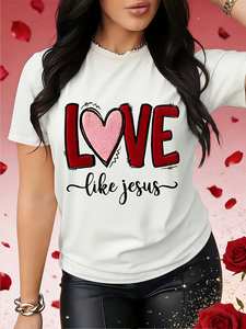 T-Shirt da Donna a Maniche Corte per San Valentino, Stampa Cuore e Lettere, Collo Tondo, Top Casual 100% Cotone Traspirante e Leggero - Product Image 3