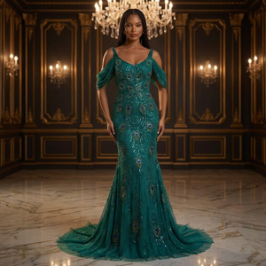 Robe de soirée en satin vert émeraude, coupe droite, épaules dénudées, grande taille, sans manches, longueur ras du sol, brodée de sequins, effet illusion - Product Image 5