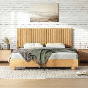 Elegant Natural Wood King Size <b>Bed</b> with Slatted <b>Platform</b> <b>Base</b> and Vertical Panel Headboard Modern Bedroom Furniture Bedstead - Product Image 1