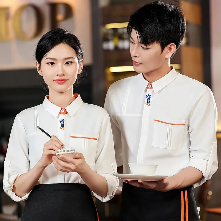 Autumn and winter customize chinese waiter shirt with logo long sleeve hotel waiter uniform