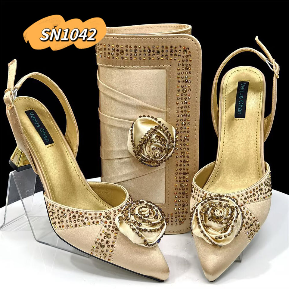 Inmyshop Fast Shipping Gold Italian Party Shoes Matching Bag 2025 Evening Rose Design Shoes Rectangular Clutch For Nigeira Shoes