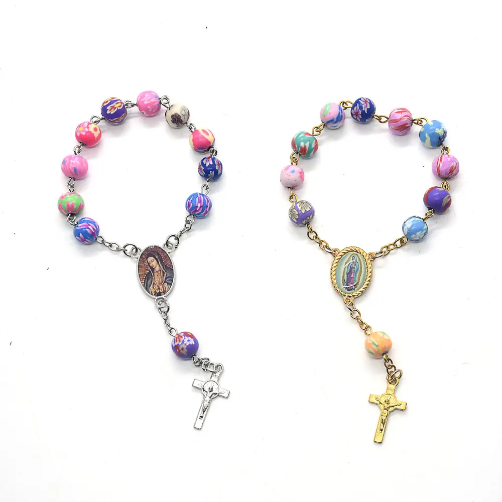 2022 Komi Wholesale Rosaries Religious Catholic Polymer Clay Cross Children Jewelry Colorful Rosary Bracelet