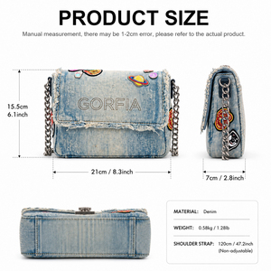 Bolso de hombro de mezclilla lavada a la moda para mujer, con correa de cadena, solapa y decoración de parches, estilo casual urbano - Product Image 5
