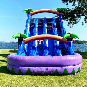 Triple lanes backyard wet bounce <b>house</b> commercial <b>inflatable</b> purple tropical water slide with pool for kids - Product Image 1