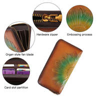 Dompet Pendek Unisex Kulit Asli Retro Flowers dengan Ritsleting, Lapisan Poliester, Gaya Bohemian