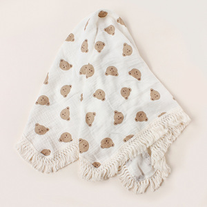 Couverture pour nouveau-né 100% <span class=keywords><strong>coton</strong></span> mousseline, à franges avec pompons, motif étoiles et lunes, respirante toute saison - Product Image 6
