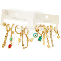 Ensemble de boucles d'oreilles en acier inoxydable et or 18 carats, créoles pendantes avec breloques œil, étoile, papillon, cristaux CZ verts et rouges, bijoux pour femmes, vente en gros, personnalisation OEM