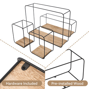Set of 4 Wall Mounted Floating <b>Shelves</b> Black Metal Wire & Wood Wall Storage Organizer <b>for</b> Living Room <b>Kitchen</b> & Bedroom - Product Image 4