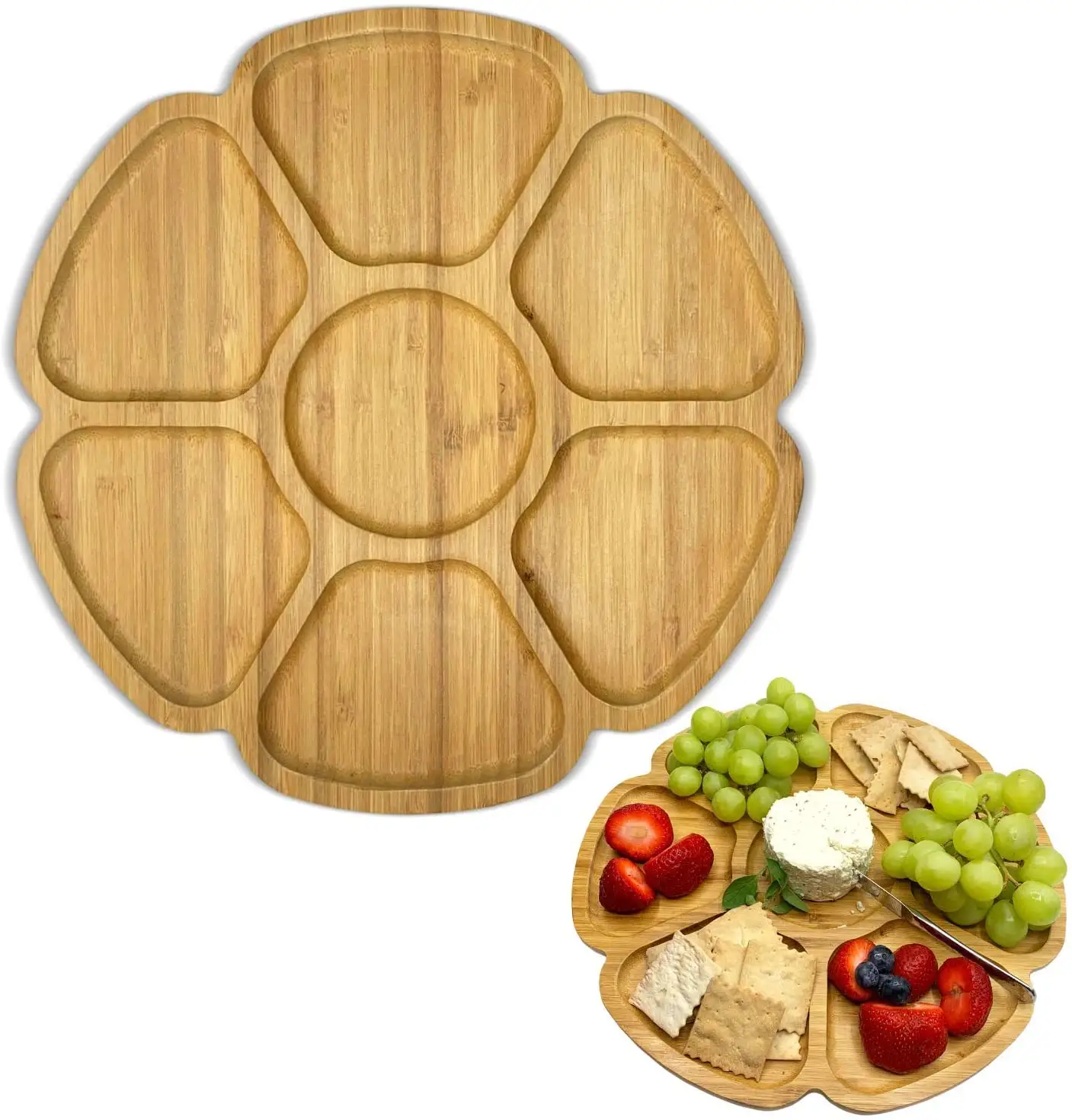 Vendeur chaud Premium bambou fleur forme plateau de service plateau de stockage des aliments en bois pour la décoration de mariage/fête d'anniversaire