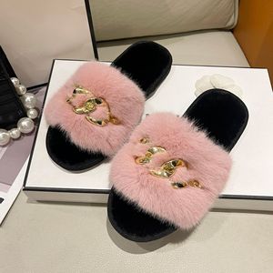 Autunno e inverno moda donna peluche per pantofole nuova <span class=keywords><strong>catena</strong></span> in metallo tacco piatto caldo Anti-scivoloso suola in pelliccia morbida pantofole - Product Image 4