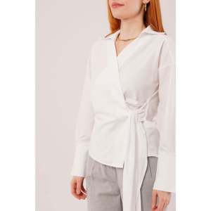 <b>Wrap</b> Collar <b>White</b> Shirt Women Poplin Office Button Down Blouse With Side Tie Detail - Product Image 2