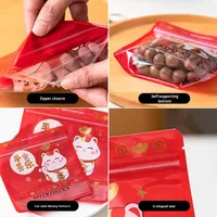 Sac cadeau en PET de qualité alimentaire auto-scellant avec fermeture éclair, motif Chat de la Richesse et Flocon de Neige, pour le Nouvel An, pour gelée, nougat, gâteau, bonbons, biscuits
