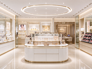 Îlot de présentation cosmétique moderne avec éclairage LED et dos en verre pour mobilier de magasin de parfums - Product Image 1