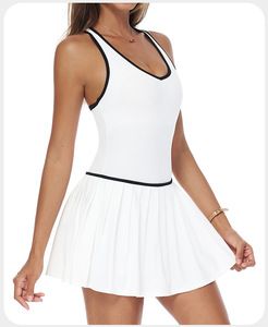 Gestreepte Contrasterende Kleur Custom Logo Padel Slanke Sexy V-Hals Jurk Snel Droog Geplooide Rok Aparte Shorts Paddle Tennisjurk - Product Image 2