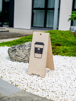 Support de présentation publicitaire en A, sur pied, personnalisé, pliable, en bois, avec graphique de tasse de café, pour extérieur, vertical, en panneau marin, double face