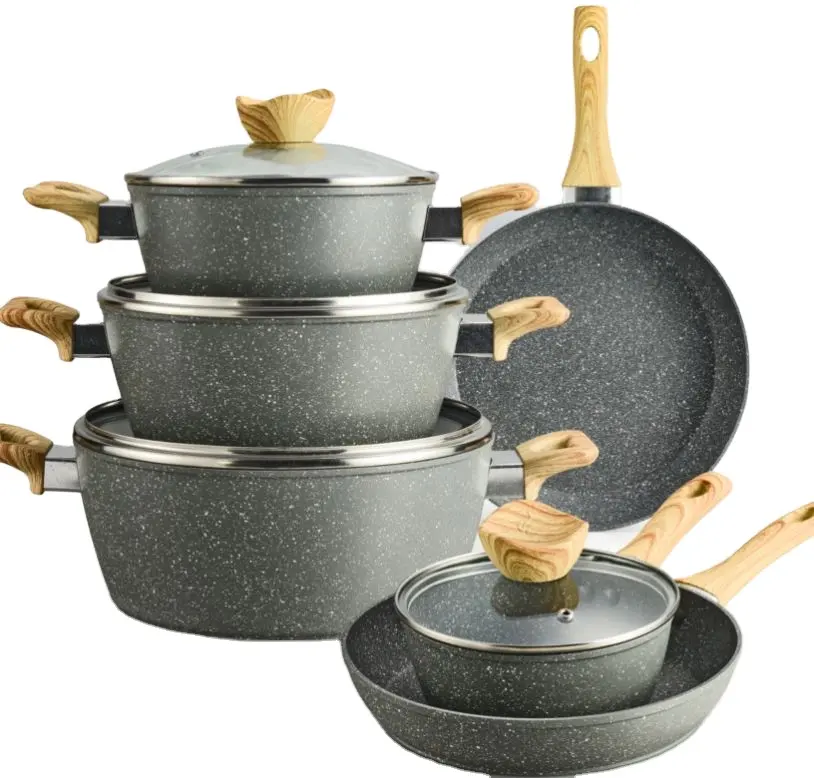 Ensemble d'ustensiles de cuisine en aluminium forgé, vente en gros, écologique, pierre de granit, marbre, poêle à frire et marmite à soupe