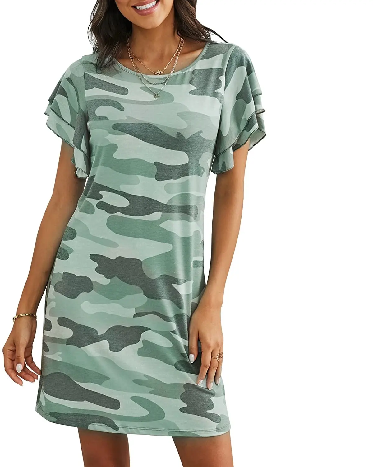 Женские летние камуфляжные платья-футболки с рюшами на заказ, 95% полиэстер, 5% спандекс