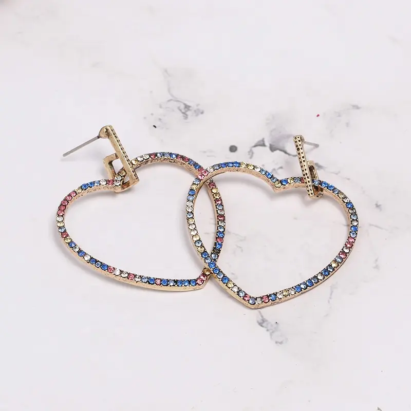 gold oversized big micro paveed rainbow crystal heart hoop stud earrings