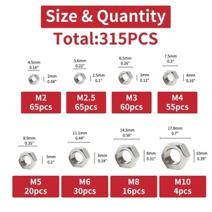 Kit de Tuercas Hexagonales de Acero Inoxidable Sanya M2 M12, 315 Piezas, Surtido Métrico para Tornillos y Pernos - Product Image 2