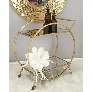 SWT Modern Gold 2 Tiers Home And Hotel Gold Mobile Bar Cart Trolley Metal Furniture With Wheels