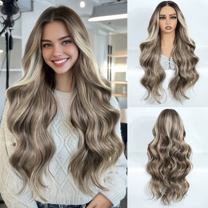 Synthetic13x6 ren phía trước tóc giả HD cơ thể trong suốt sóng 28 inch chất lượng cao nhiệt độ Dài Ombre tóc vàng nâu tóc giả Pre ngắt - Product Image 1