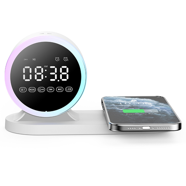 New Arrival 4-in-1 Multi-functions LED Light Wireless Bluetooth Speaker and Charger Fast Charging with Alarm Clock
