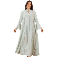 Robe longue décontractée ethnique brodée à manches évasées, col montant et bordure de sequins rayée pour l'automne