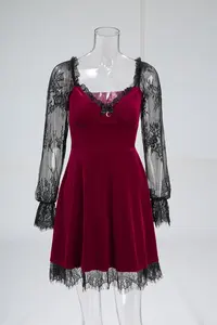 Nuovi Arrivi: Mini Abiti Gotici con Pizzo Floreale, Maniche a <span class=keywords><strong>Poeta</strong></span>, Patchwork in Velluto, Vestito a Strati per Feste da Donna, Tre Colori - Product Image 6