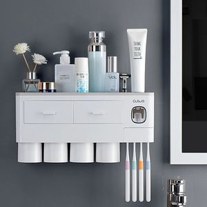 Porte-brosse à dents magnétique avec presse-dentifrice avec tasses pour 2/3 personnes dans la salle de bain Support de rangement sans clou - Product Image 6