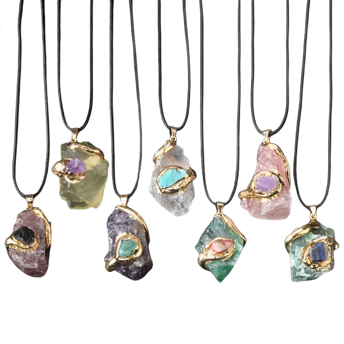 Super Large Gilded Crystal Original Stone Pendant with Multi-color Crystal Irregular Necklace Accessories