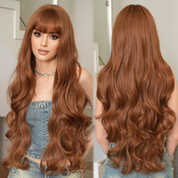 Perruque en soie domestique de style ondulé avec frange, cheveux bouclés extra longs de 32 pouces, brun abricot, pour femmes, fabriquée à la machine, naturelle et volumineuse