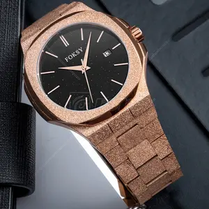 นาฬิกาข้อมือควอตซ์สำหรับผู้ชาย,ดีไซน์ใหม่สายสแตนเลสหรูหราสีโรสโกลด์พร้อมกรอบสีดำ