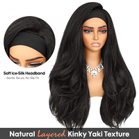 Perruque bandeau ondulée de 24 pouces, texture Yaki, sans colle, en fibre résistante à la chaleur, vente en gros # Perruque noire naturelle 1B pour usage quotidien en stock