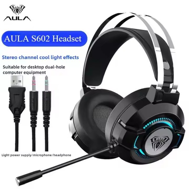 AULA S602 Lightweight Gaming Headset Virtual 7.1 Surround Sound Colorful Breathing Light Microphone for Desktop Laptop Headphone