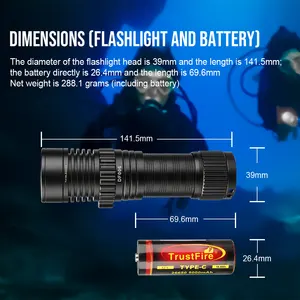 TrustFire DF006 stufenlose dimmbare Höhlen-Torch unter Wasser 100M 26650 USB C Scube Taucher-Torchlampe