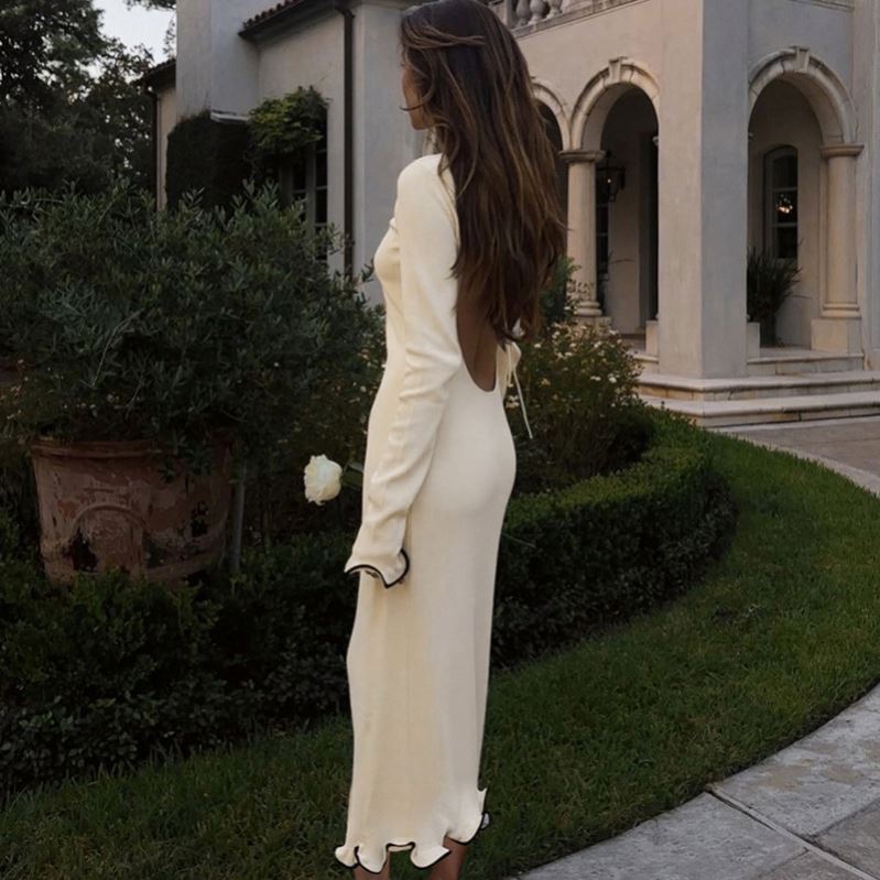 Collar Long Sleeve Ruffles Backless Midi Casual Elegant Evening Y2k Prom  Ladies Dress Womens Clothing| Alibaba.com