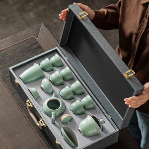 Juego de té retro de cerámica de 13 piezas, estilo Ru Kiln y Ge Kiln, en caja de regalo, para té Kung Fu, uso doméstico. - Product Image 1
